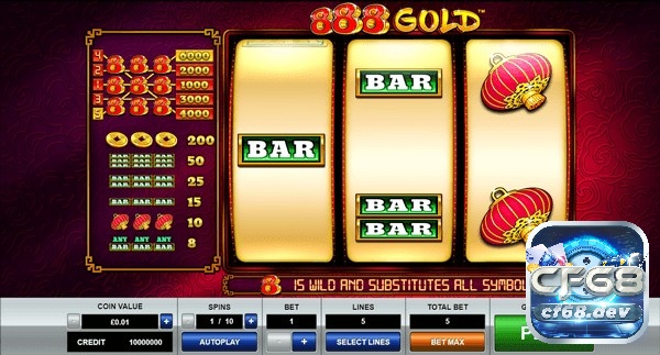 Giao diện chính của trò chơi 888 Gold slot bắt mắt
