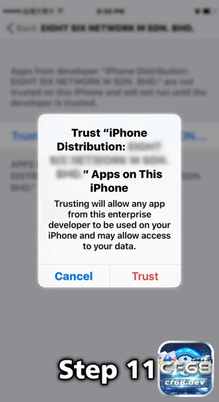 Nhấn Trust để xác nhận ứng dụng trên thiết bị